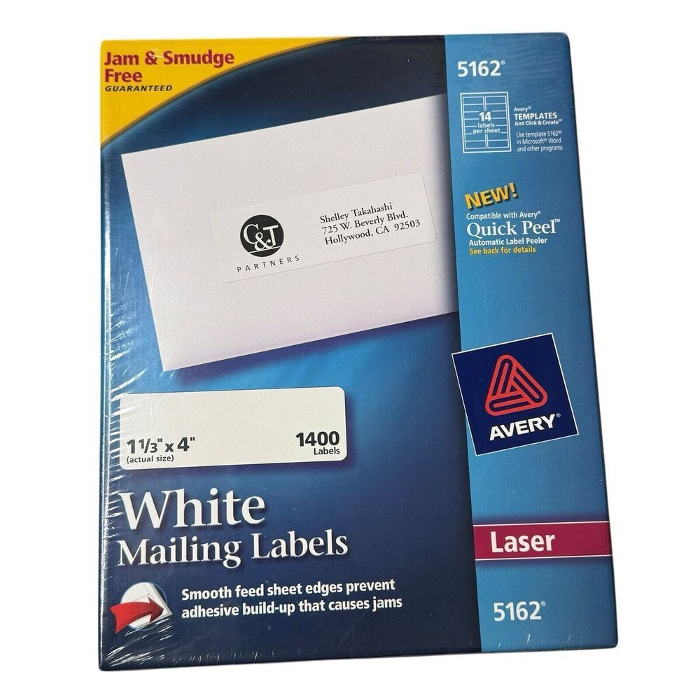 NEW Avery White Laser Address Labels 5162  - 1  1/3" x 4"  -  1400‎ Labels